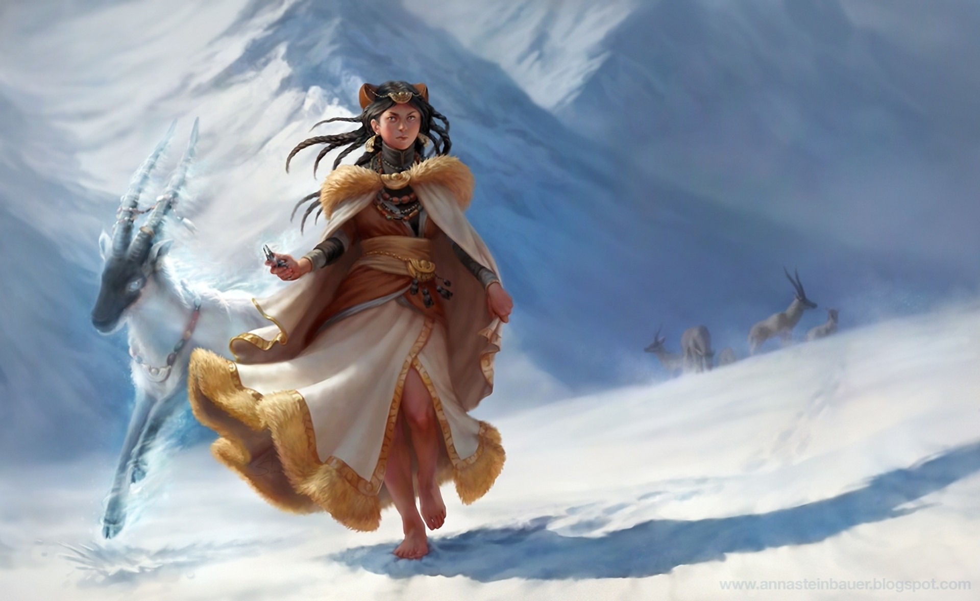 art fille cornes neige depingo pieds nus chèvre animaux montagnes défi