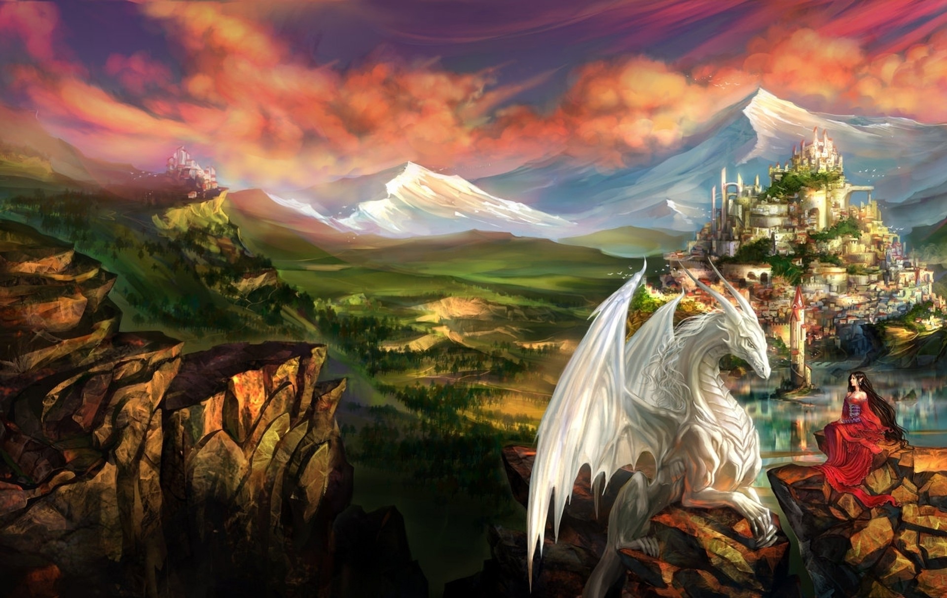 art landscape girl fantasy lock town dragon elf mountain rock