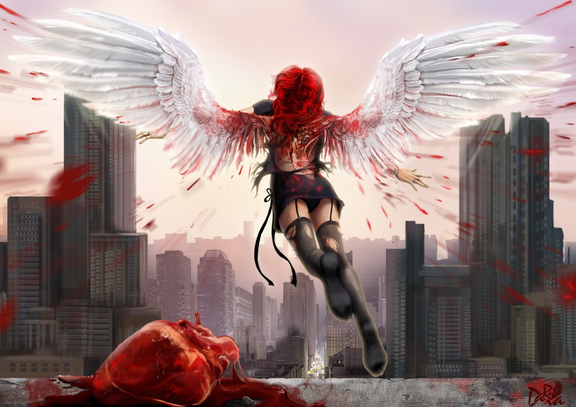 art girl heart town balloon red angel wings stockings blood