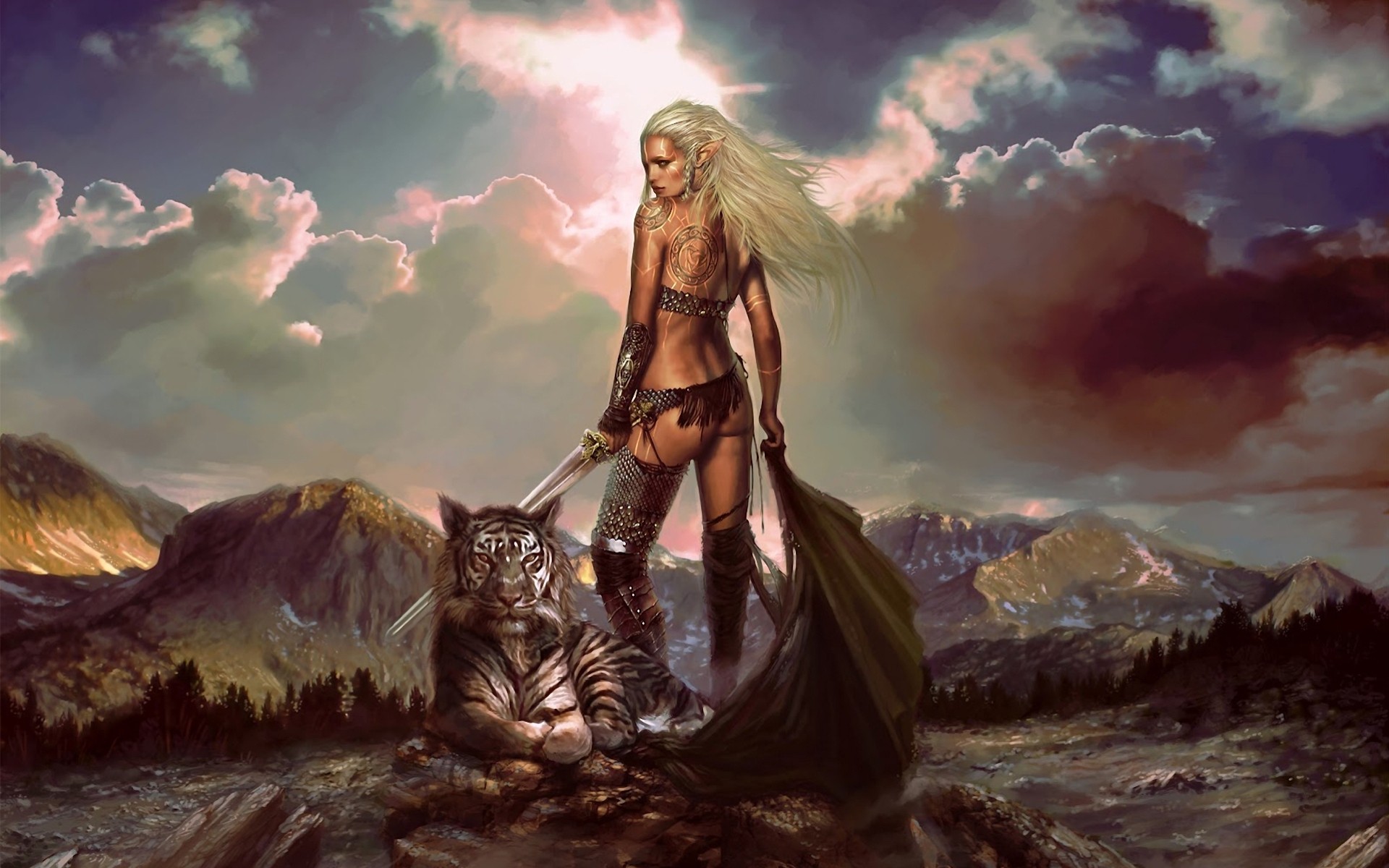 art girl sword elf tiger mountain coat