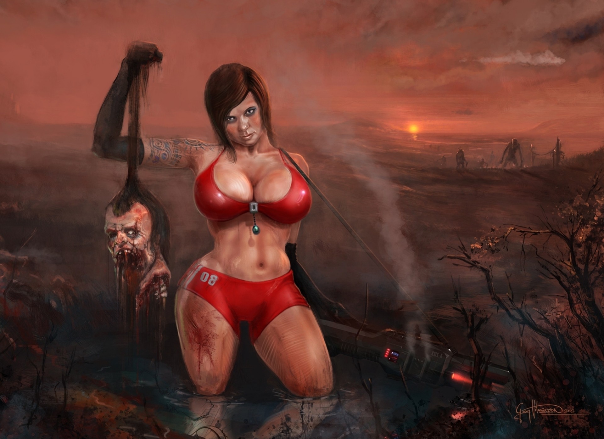 weapon girl bomb sunset zombie tattoos bikini blood head