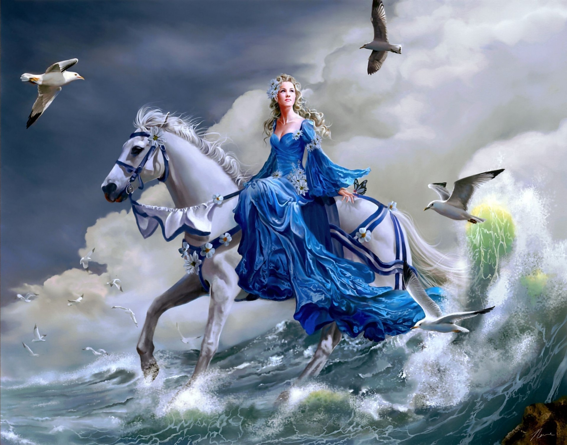 art girl sea wave horse gull