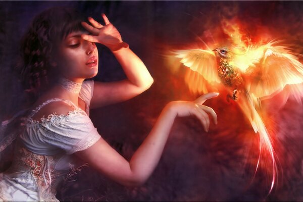 Beautiful girl and Phoenix bird