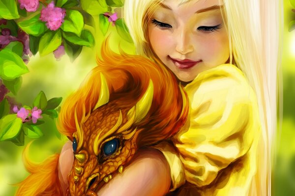 Fille de dessin animé avec un dragon dans les mains