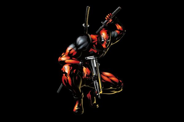 Superhéroe Marvel Comics Deadpool es un ninja sobre un fondo negro, en la parte posterior de un arma, es una fortaleza voladora