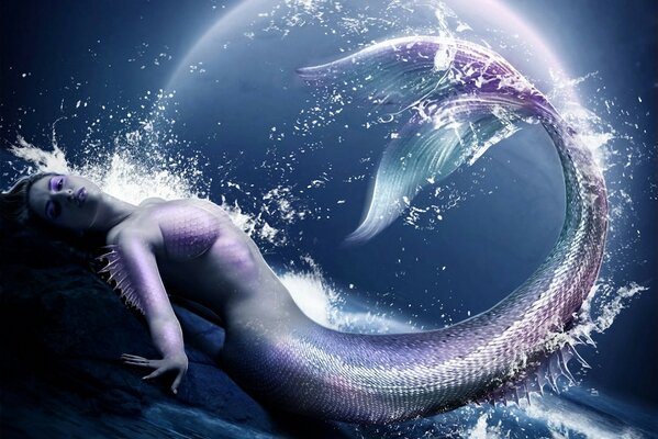 Sirena sulle rocce vicino al mare sotto la luna