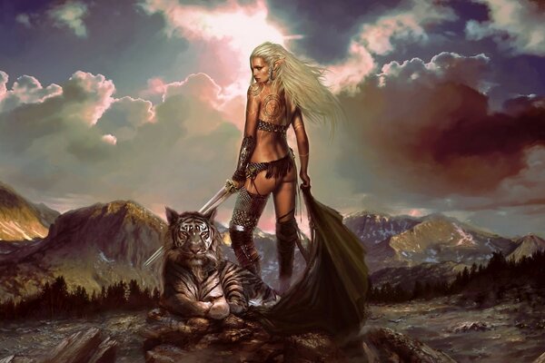 Elf girl with a tiger on the background of mountains