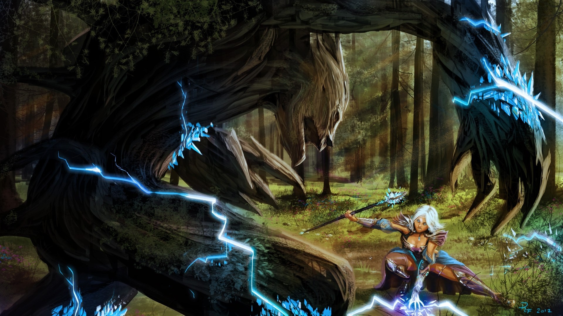 art girl magician crystals forest battle monster sorceress lightning