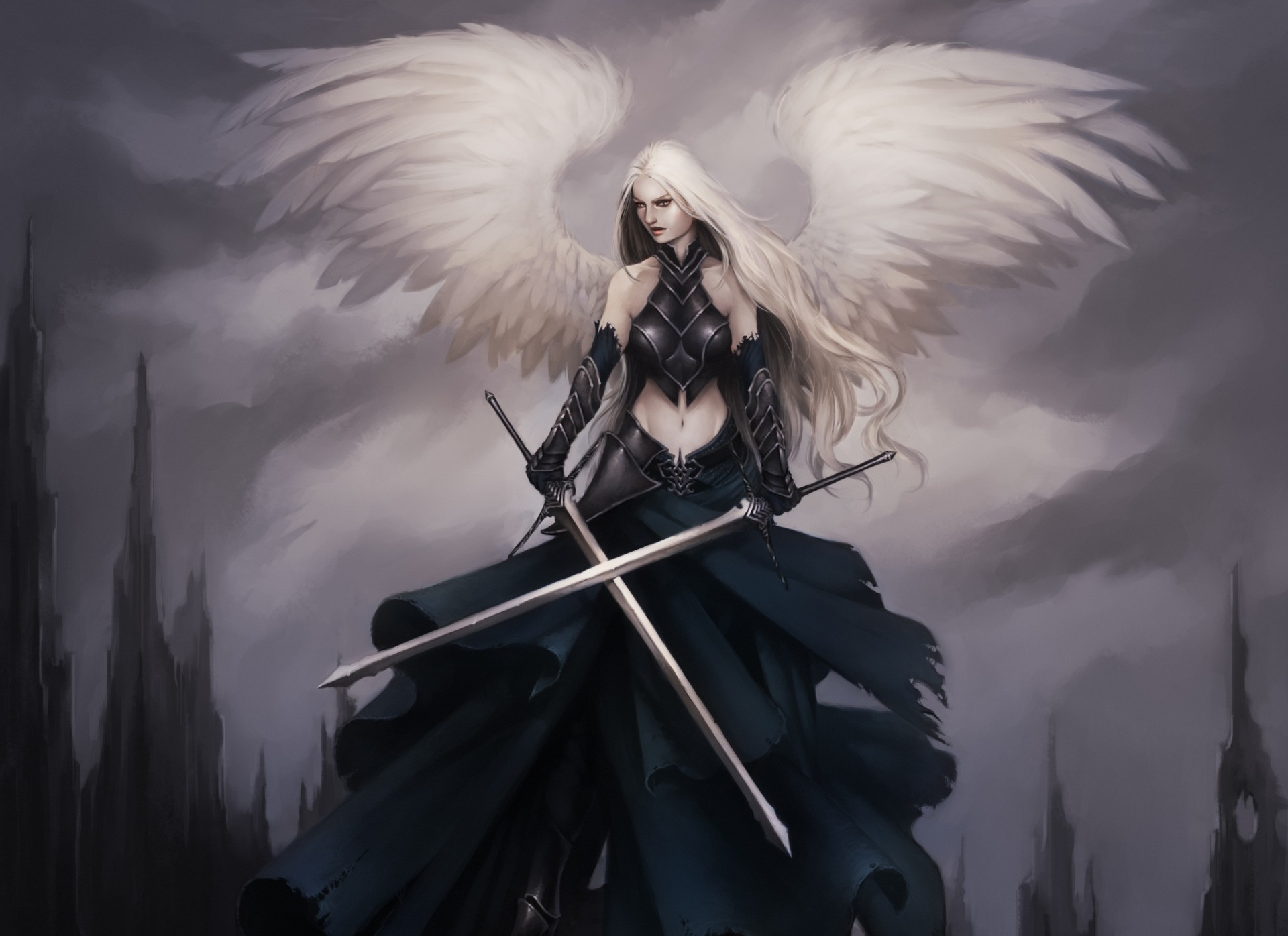 art weapon girl angel sword feathers armour wings rock