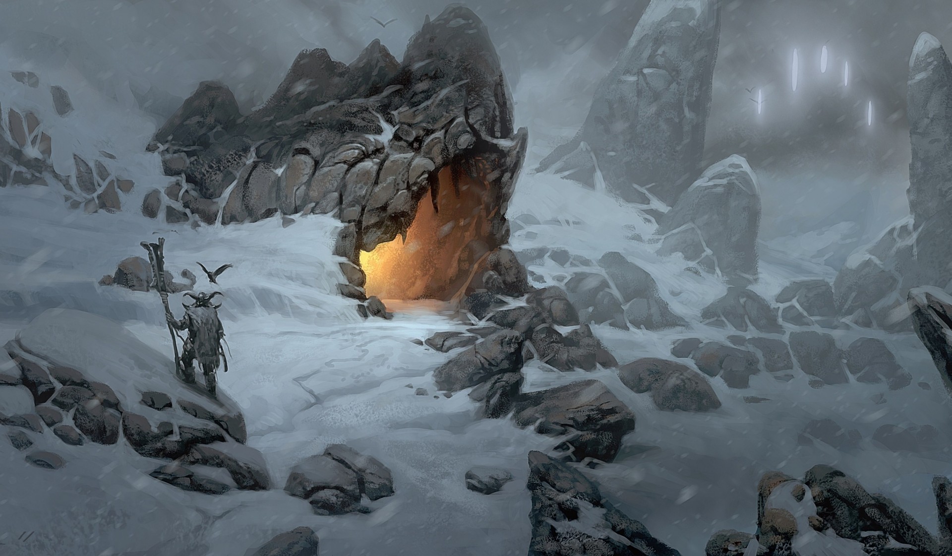 art viking fire snow mountain cave