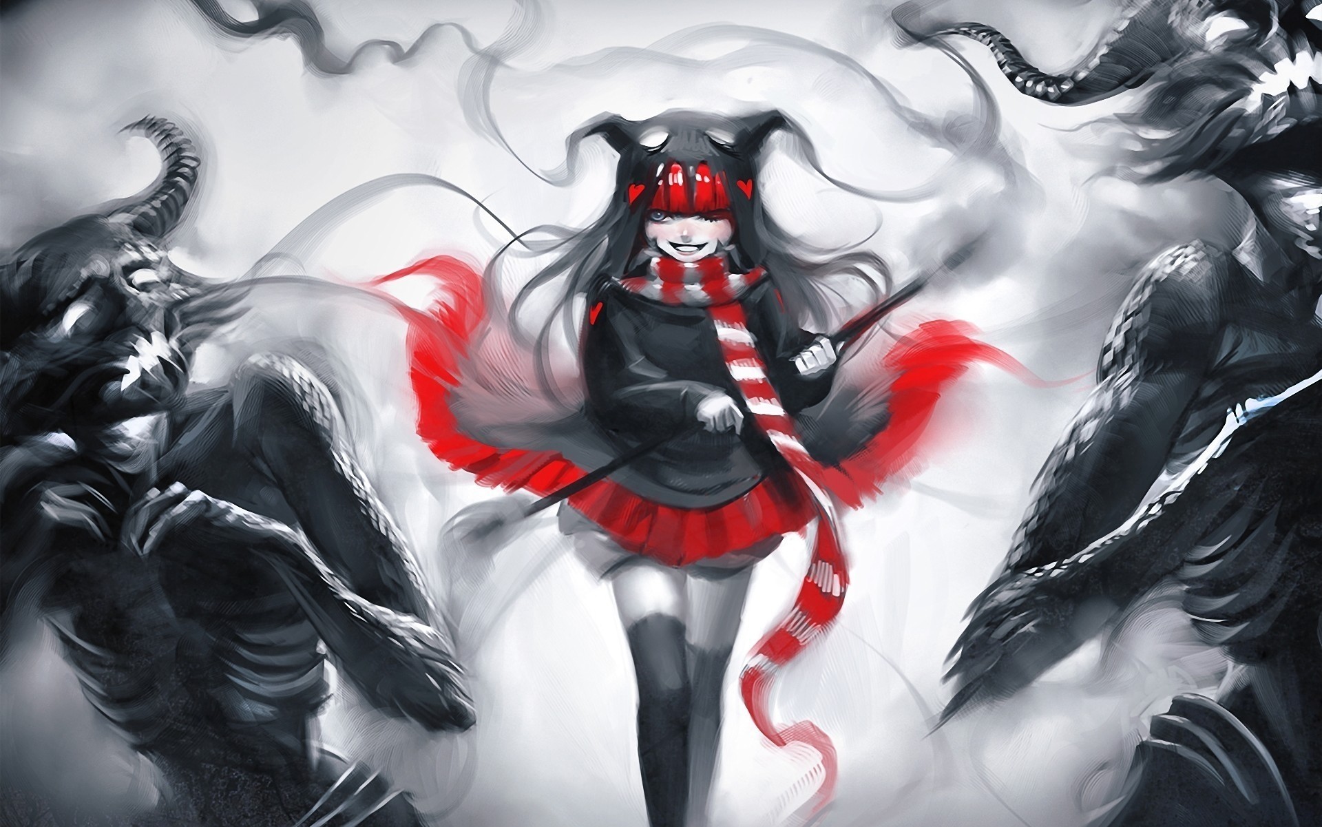 art girl undead sakimichan horn red monsters heart black and white