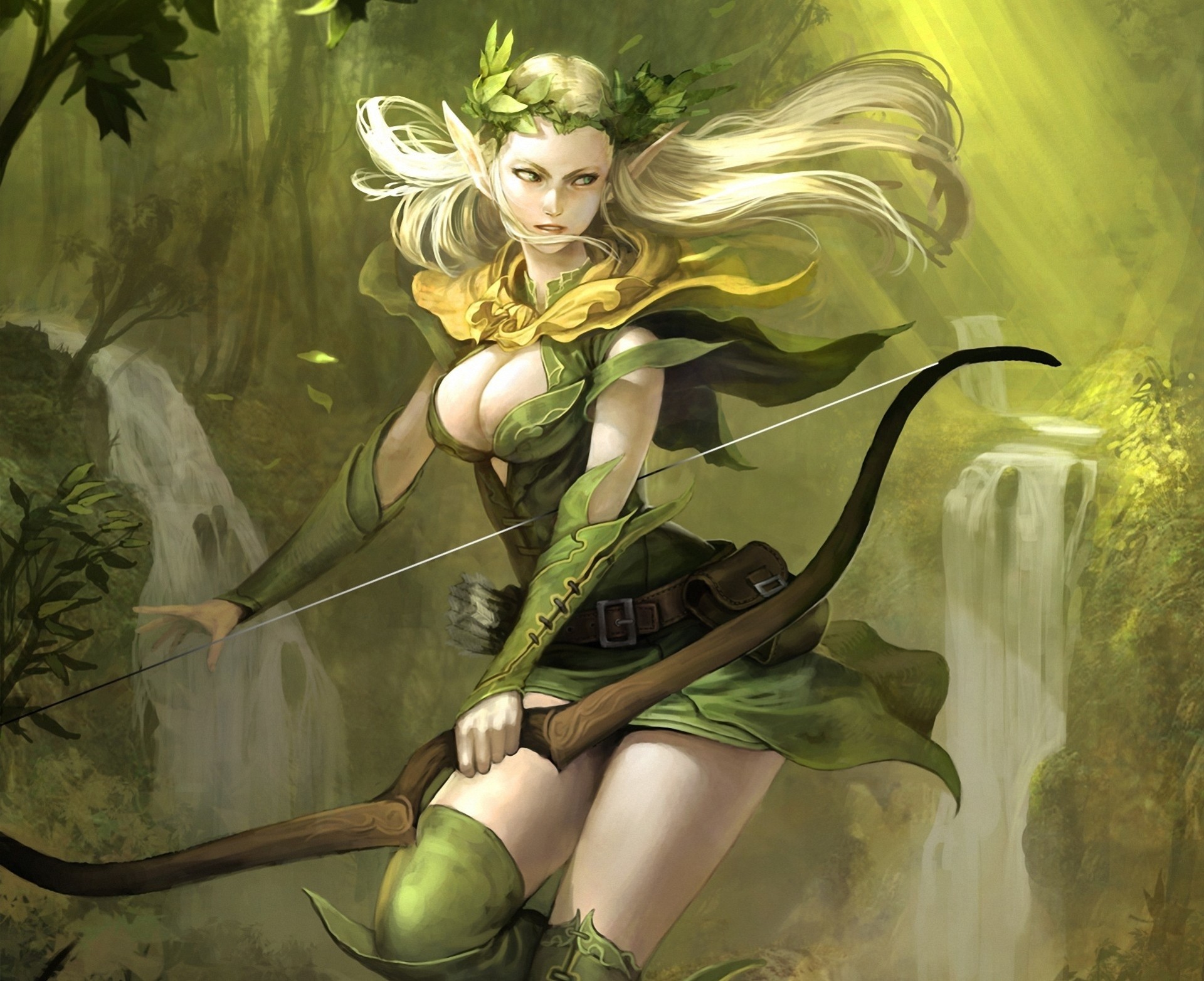 art fille archer arc forêt épis cascades elfe