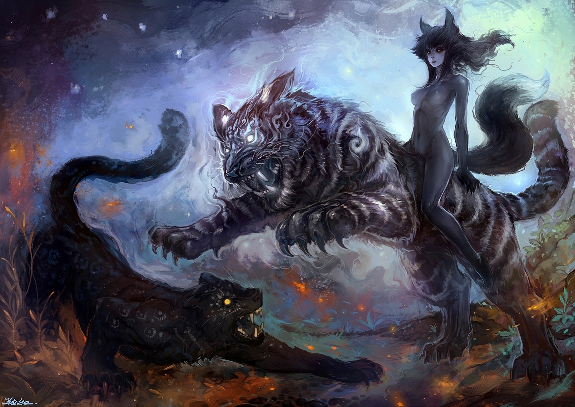 arte chica pixiv gatos neko pantera depredadores espigas salvaje fantasía tigre