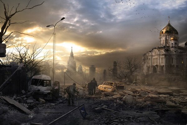 The image of Moscow in ruins and the birds fly away