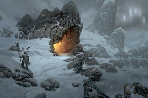 Grotte de neige Viking près de feu dans les montagnes