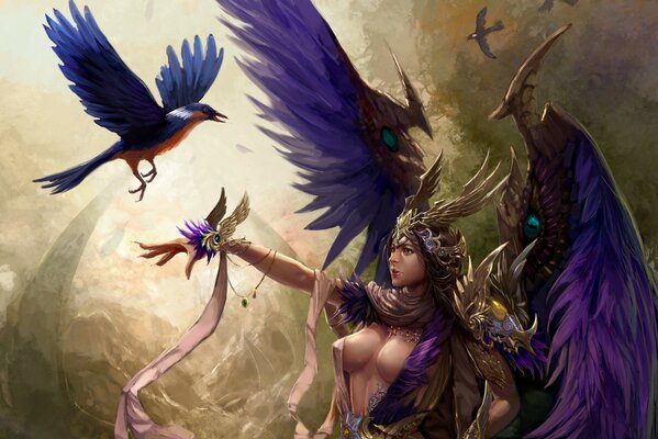 Fille avec des ailes violettes sur fond d oiseaux