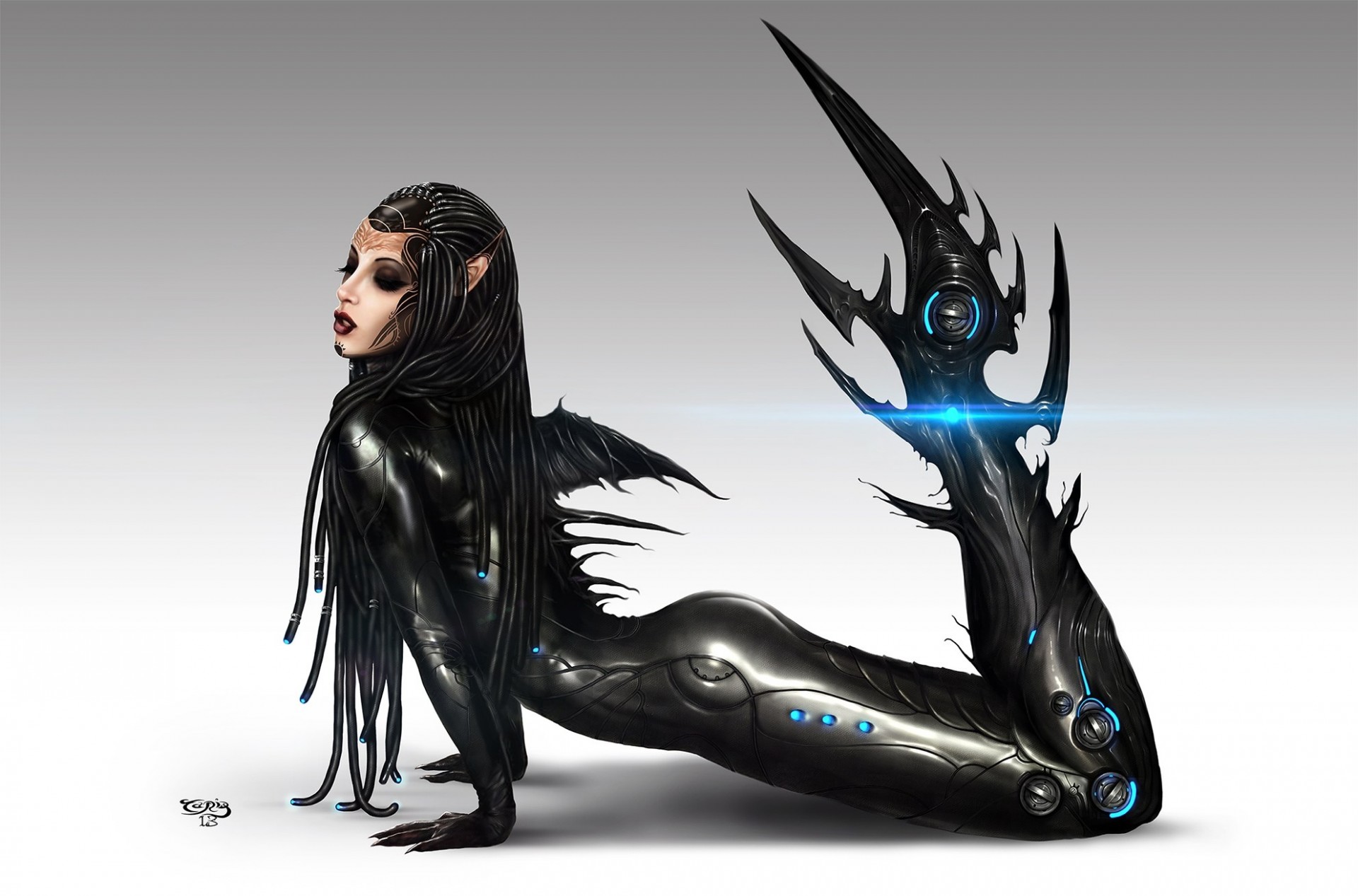 art girl pose mermaid black section fiction tail cyborg