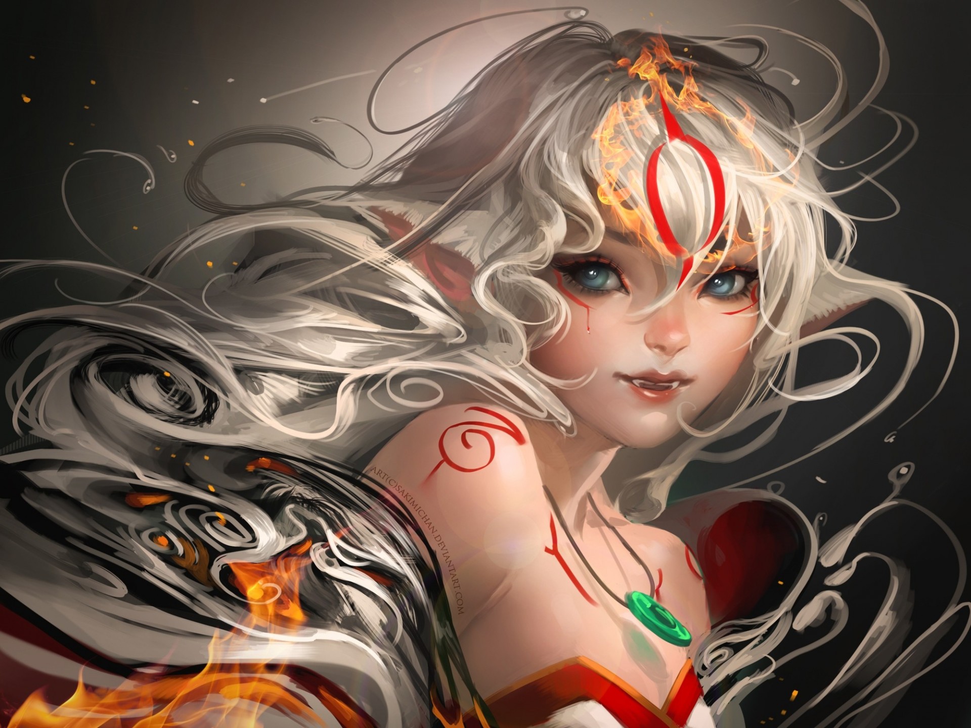 deviantart arte ragazza sakimichan tatuaggio orecchie fuoco astrazione zanne