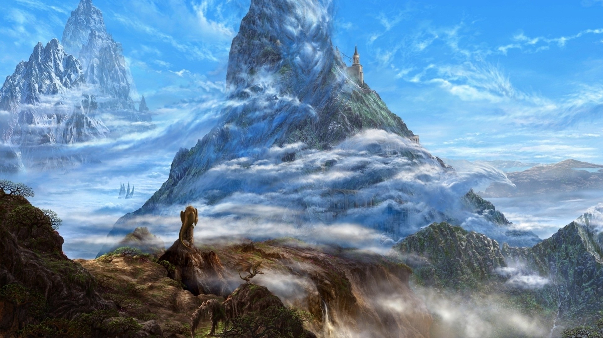 ucchiey kunst schloss drachen kazamasa uchio wolken fantasie berge felsen