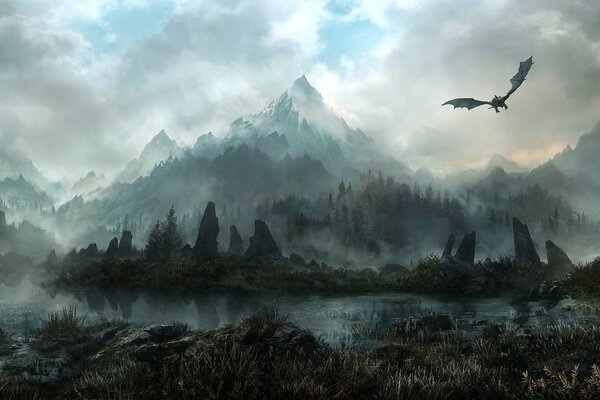 A dragon flying over a misty forest