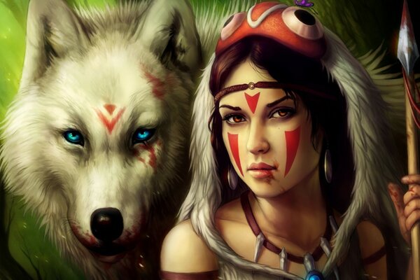 A warrior girl with a spear and a blue-eyed white wolf