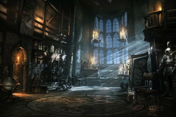 Library in the castle under the candlelight