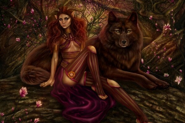 A beautiful girl with horns next to a wolf. Art design