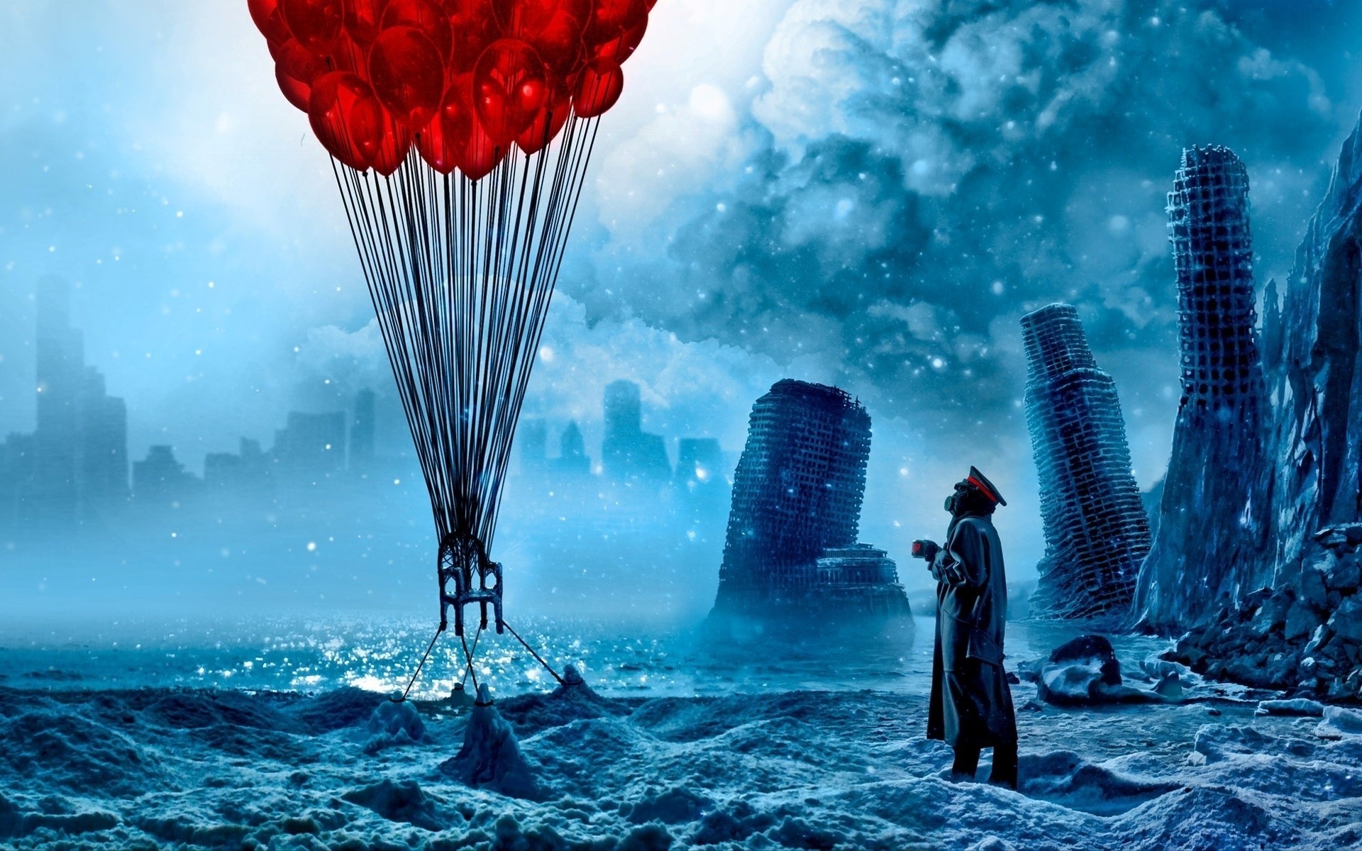 arte silla hielo taza ciudad capitán nubes mar nieve ruinas romance del apocalipsis globos