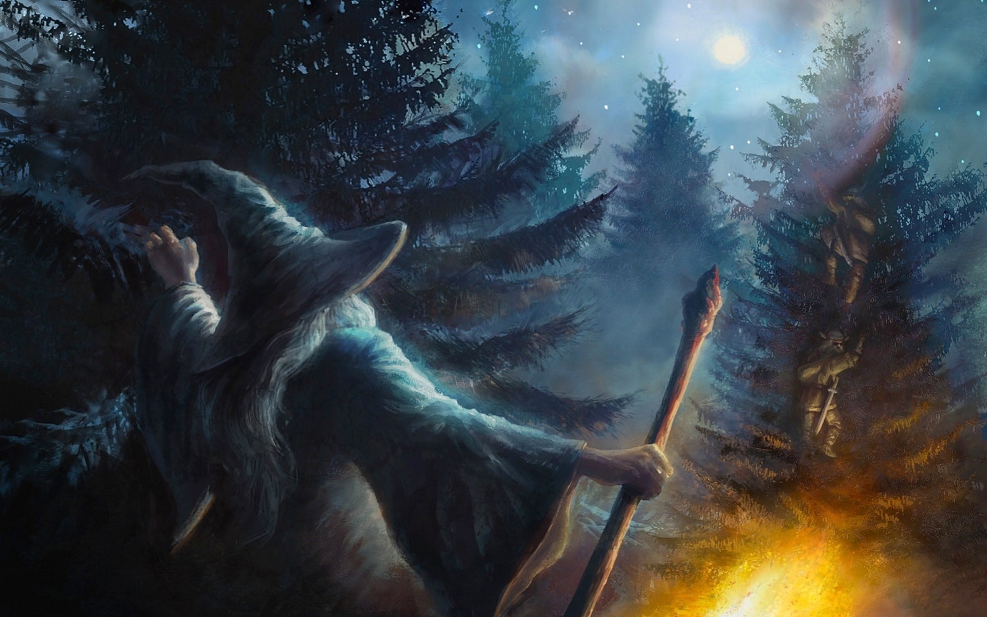 wald fantasie fanart feuer hin und her palmen bäume gandalf zwerge hobbit meister zauberer munchild unerwartete reise unerwartete reise elbenwald moonxels mond mirkwood mirkwood