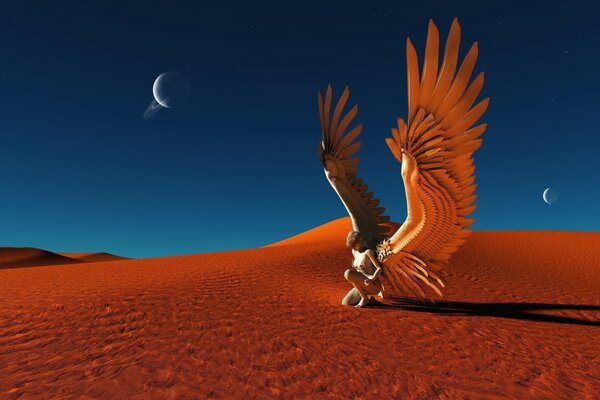 Fille avec des ailes dans le désert sur le sable