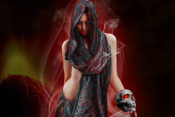 A girl covered with a robe of lava, with a skull in her hand