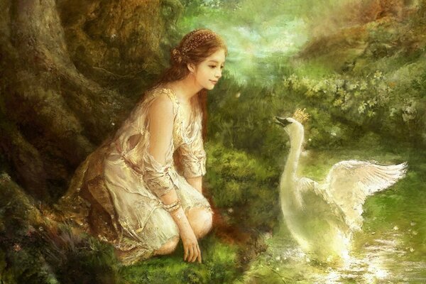 Art of a forest princess with a swan