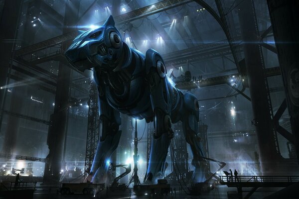 Perro cyborg gigante en un hangar con humanos