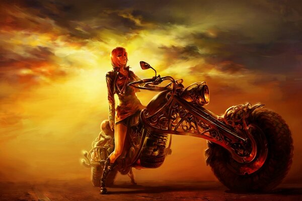 Drawing of a girl on a motorcycle against a sunset background