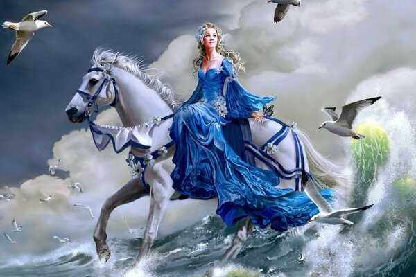 A girl in a luxurious dress on a horse among the waves