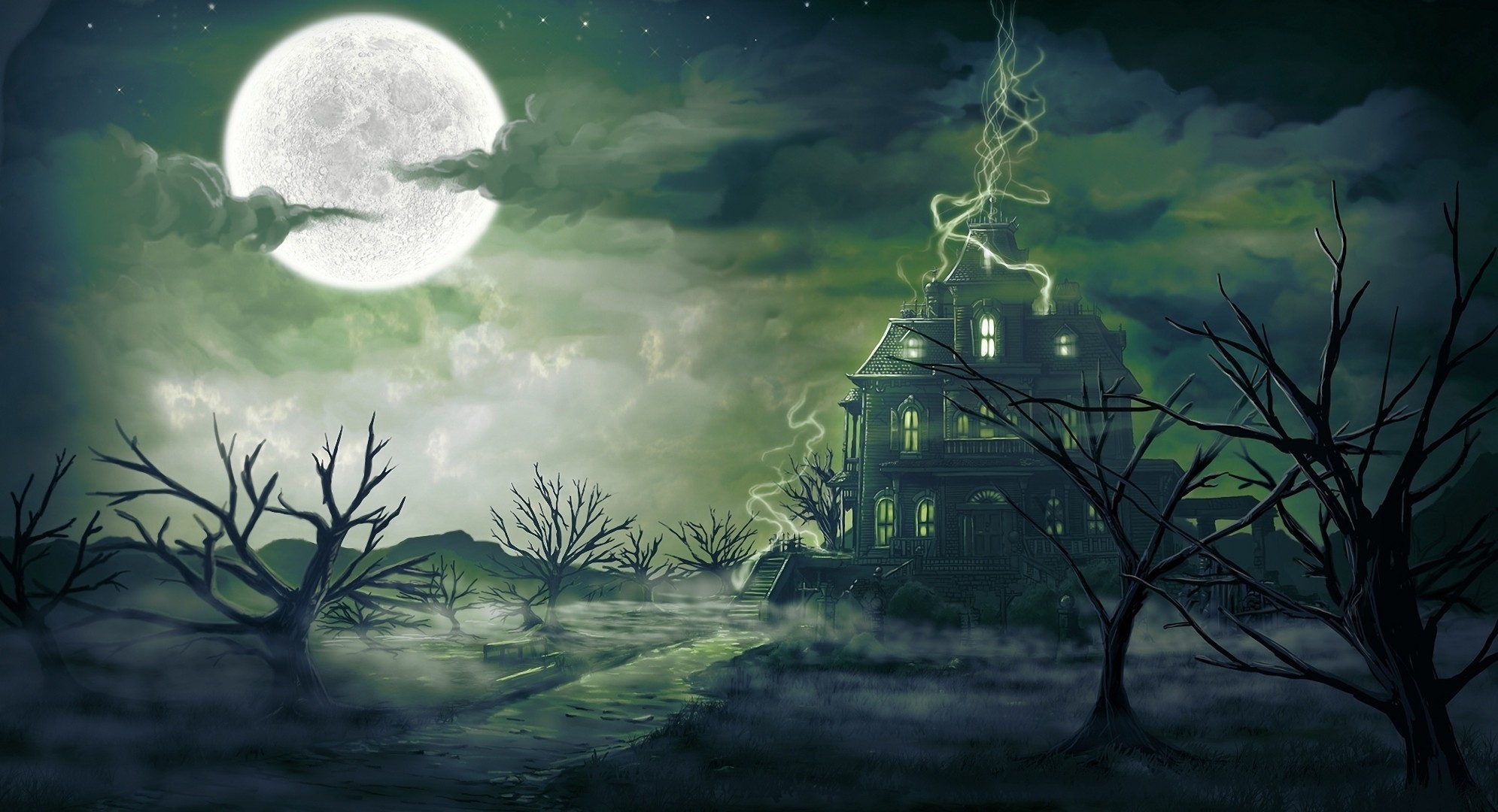 art landscape night tree fog digitalinkrod house moon magic darkne