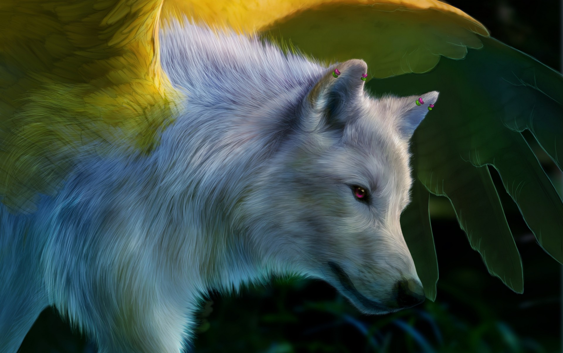 art wolf wings pink eyes white