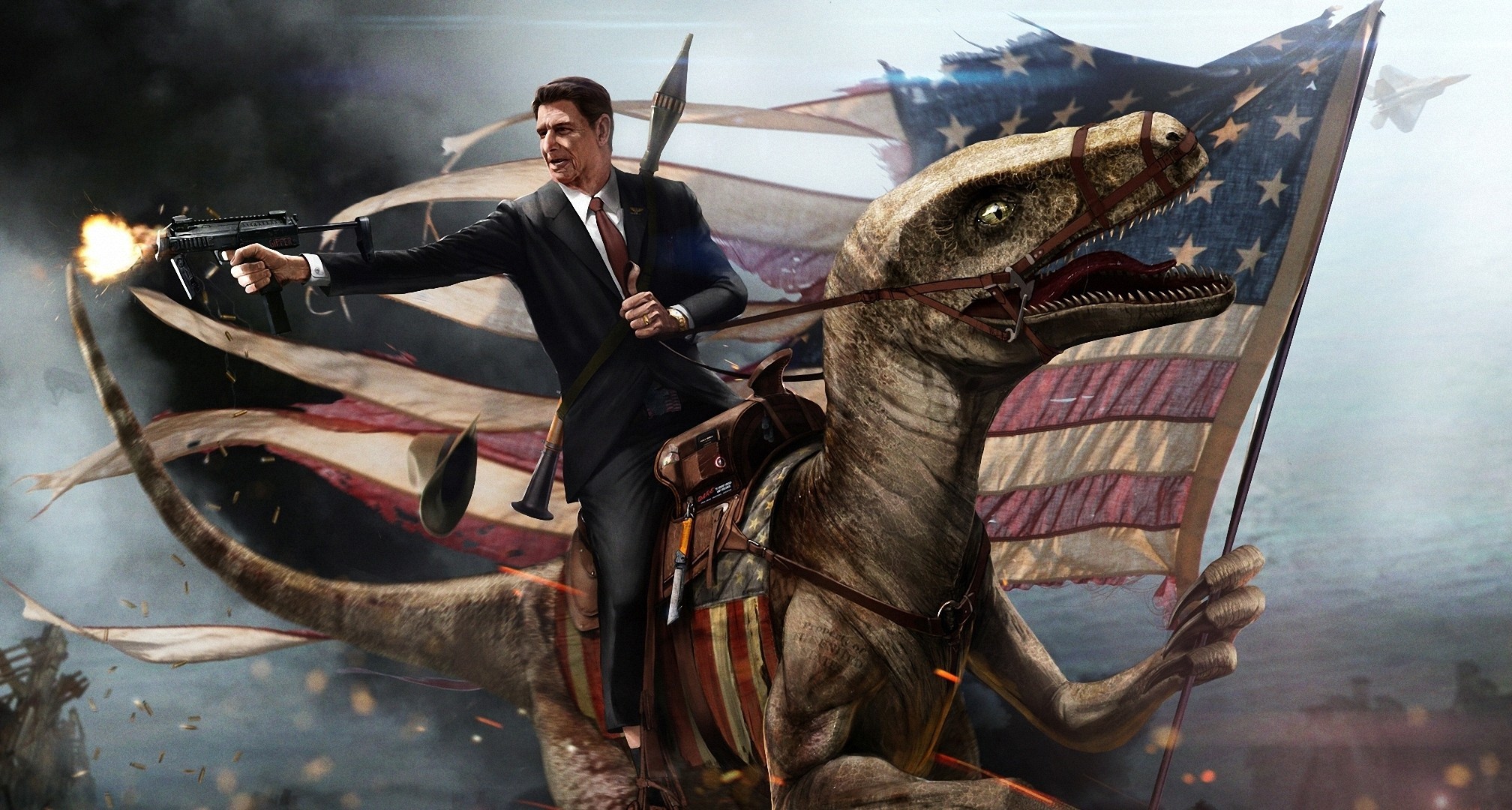 velociraptor ronald reagan bandera de estados unidos arte dinosaurio arma ametralladora