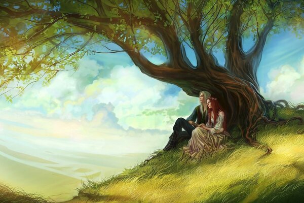 A beautiful fairy-tale couple is sitting under a tree against a green landscape