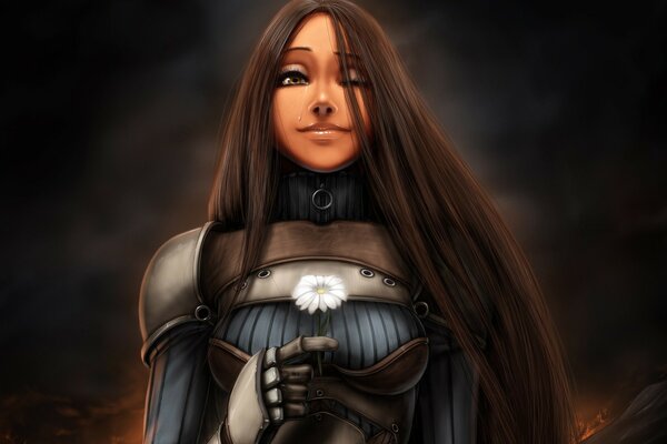 Girl with a flower in armor with a tear in her eyes art