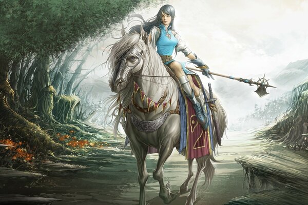 A girl on a horse in a fabulous forest