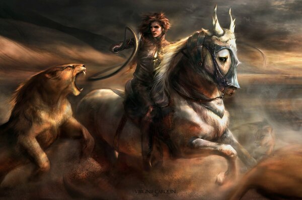 A girl on a horse with a wild cat