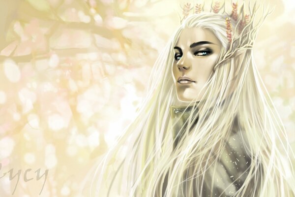 Elf girl wearing a crown from the Lord of the rings on a background of trees