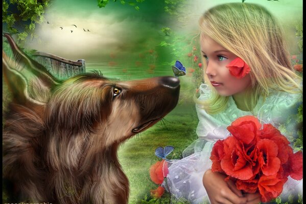 Dog and girl used digital art, 3d format, phantasmagoria story