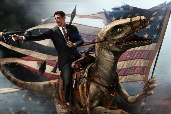 Ronald Reagan auf mit einer Fahne am Velociraptor