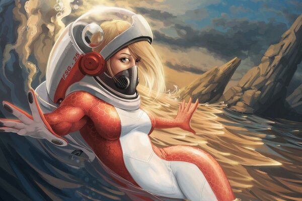 A girl in a red spacesuit on the planet