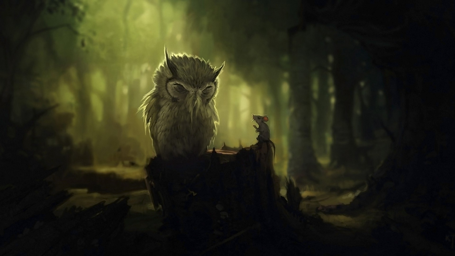 darkness tree forest owl mouse stump talk