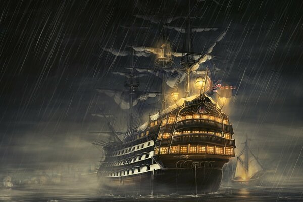 A ship at sea in the rain