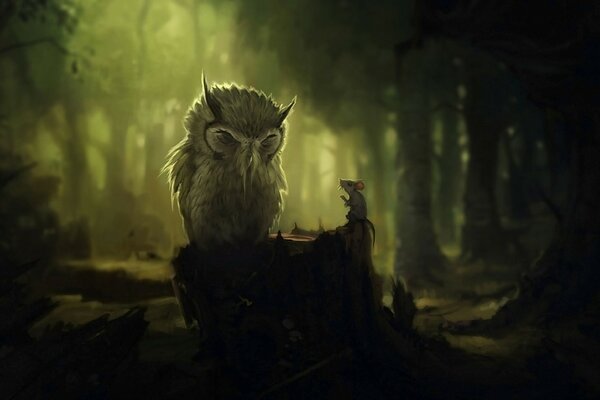 An owl and a mouse on a stump in the dark