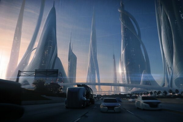 Cars driving on the roads of the city of the future